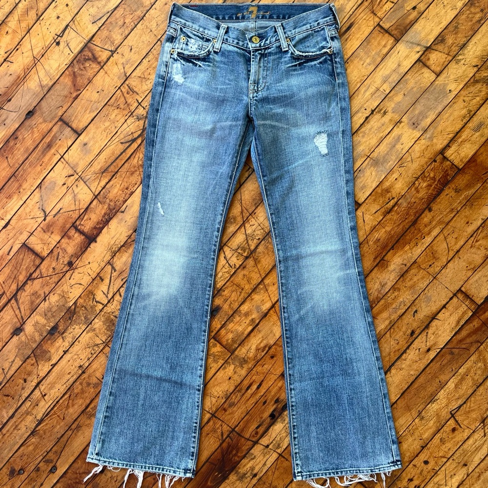 7 For All Mankind Low Rise Flare Jeans Distressed Frayed Hem Y2K USA 26